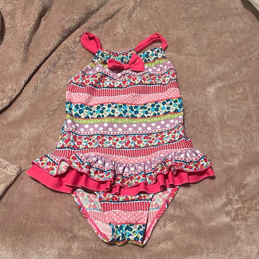 Foatimini 6 pink striped ruffled at waistline one pice swimsuit euc